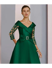 A-Line Mother of the Bride Dress Formal Wedding Guest Elegant V Neck Tea Length Satin Lace Sequined 3/4 Length Sleeve with Bow(s) Crystal Brooch