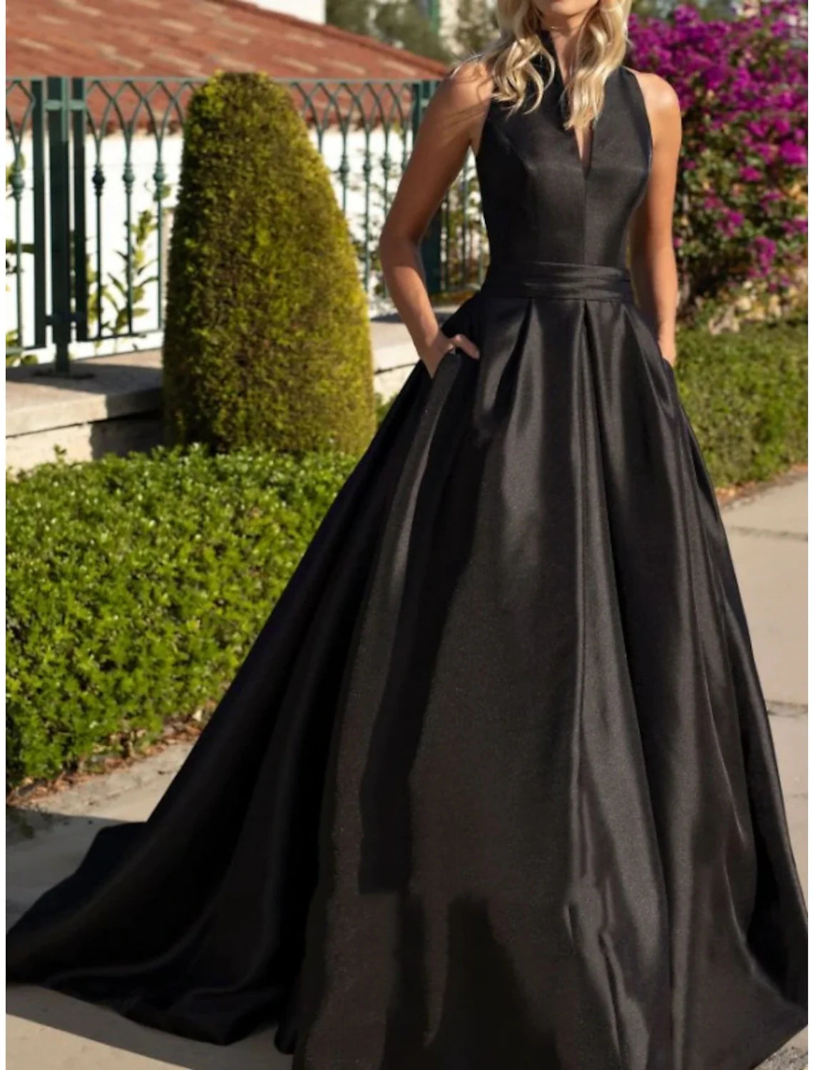 Aimishang A-Line Evening Gown Party Dress Elegant Dress Formal Fall Sweep / Brush Train Sleeveless V Neck Satin with Pleats