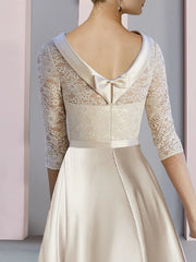 Sheath / Column Mother of the Bride Dress Wedding Guest Party Elegant Scoop Neck Tea Length Satin Lace Half Sleeve with Bow(s)