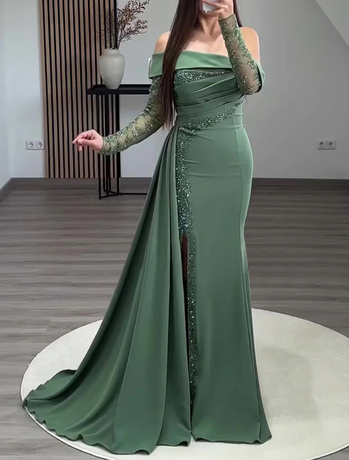 Sheath / Column Glitter Evening Gown Elegant Dress Formal Prom Floor Length Long Sleeve Off Shoulder Stretch Fabric with Ruched Sequin