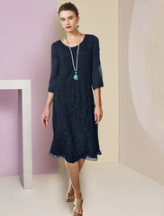 Two Piece Sheath / Column Mother of the Bride Dress Formal Wedding Guest Elegant Scoop Neck Knee Length Chiffon Lace Half Sleeve Jacket Dresses with Appliques