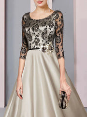 A-Line Mother of the Bride Dress Formal Church Party Elegant Scoop Neck Tea Length Satin Lace Half Sleeve with Flower Color Block