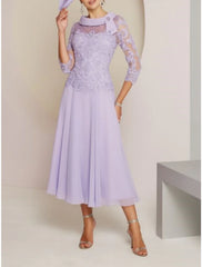 Sheath / Column Mother of the Bride Dress Wedding Guest Party Sweet Scoop Neck Tea Length Chiffon Lace 3/4 Length Sleeve with Pleats Beading