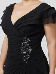 Aimishang A-Line Mother of the Bride Dress Plus Size Elegant Sexy V Neck Knee Length Chiffon Short Sleeve No with Beading Tiered