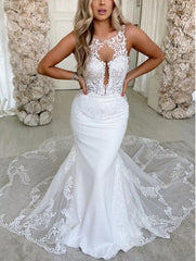 Lace Mermaid Wedding Dress Appliques Tulle Wedding Dress Sleeveless Elegant