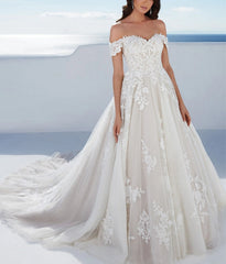 Off-The-Shoulder Ball-Gown Lace Wedding Dresses With Tulle Floor Length Elegant