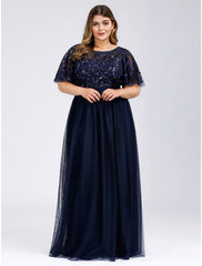 DingjiA-Line Prom Dresses Plus Size Dress Wedding Guest Prom Floor Length Short Sleeve Jewel Neck Bridesmaid Dress Chiffon with Appliques