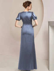 Aimishang A-Line Mother of the Bride Dress Formal Wedding Guest Party Elegant V Neck Sweep / Brush Train Satin Short Sleeve with Cascading Ruffles