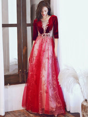 A-Line Evening Gown Glittering Dress Wedding Guest Party Wear Floor Length Half Sleeve Illusion Neck Velvet with Sequin Appliques