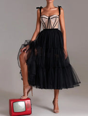 A-Line Cocktail Dresses Party Dress Wedding Guest Cocktail Party Tea Length Sleeveless Sweetheart Wednesday Addams Family Tulle with Pleats Tiered