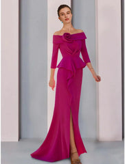 A-Line Mother of the Bride Dress Wedding Guest Elegant Off Shoulder Sweep / Brush Train Stretch Fabric 3/4 Length Sleeve with Ruffles Split Front Ruching