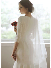 Reception Little White Dresses Fall Wedding Dresses Mermaid / Trumpet V Neck 3/4 Length Sleeve Asymmetrical Satin Bridal Gowns With