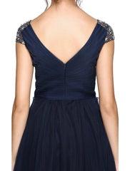 Dress Wedding Asymmetrical Short Sleeve V Neck Tulle Back Criss Cross Pleats Beading