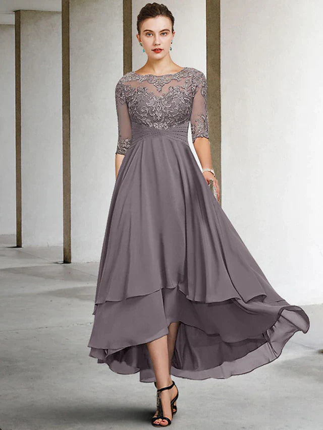 DingjiA-Line Mother of the Bride Dress Plus Size Elegant High Low Jewel Neck Asymmetrical Ankle Length Chiffon Lace Half Sleeve with Beading Ruffles Appliques
