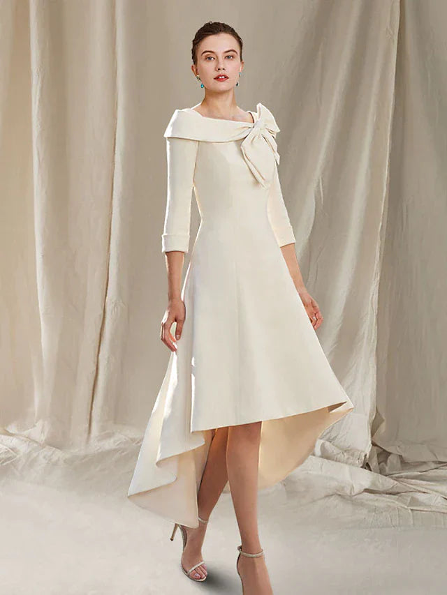 DingjiA-Line Mother of the Bride Dress Elegant High Low Bateau Neck Asymmetrical Knee Length Stretch Fabric 3/4 Length Sleeve with Lace Bow(s)