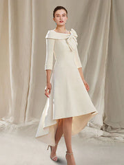 DingjiA-Line Mother of the Bride Dress Elegant High Low Bateau Neck Asymmetrical Knee Length Stretch Fabric 3/4 Length Sleeve with Lace Bow(s)