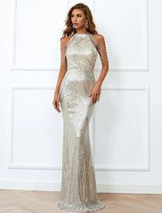 Mermaid / Trumpet Wedding Guest Dresses Sparkle & Shine Dress Halloween Evening Party Floor Length Sleeveless High Neck Sequined with Fringe Beading