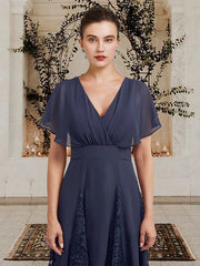 A-Line Mother of the Bride Dress Plus Size Elegant High Low V Neck Asymmetrical Chiffon Lace Short Sleeve with Pleats Appliques