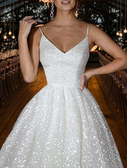 Aimishang Hall Sparkle & Shine Casual Wedding Dresses A-Line Camisole V Neck Spaghetti Strap Sweep / Brush Train Sequined Bridal Gowns With Solid Color