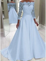 Engagement Formal Wedding Dresses Ball Gown Off Shoulder Long Sleeve Court Train Satin Bridal Gowns With Beading Appliques