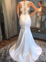 Fishtail Sleeveless Low Round Neck Palace Train Applique Satin Wedding Dress Beautiful
