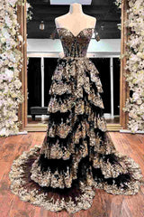 Kaira | Gold Off the Shoulder Sequin Long Prom Dress with Slit