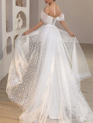 Aimishang Beach Glitter & Sparkle Wedding Dresses Mermaid / Trumpet Off Shoulder Cap Sleeve Court Train Satin Bridal Gowns With Solid Color