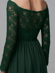A-Line Bridesmaid Dress Off Shoulder Long Sleeve Elegant Floor Length Chce wiiffon / Lath Lace