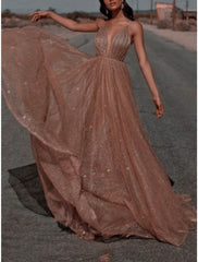A-Line Prom Dresses Elegant Dress Formal Sweep / Brush Train Christmas Red Green Dress Sleeveless Spaghetti Strap Sequined with Glitter Pleats