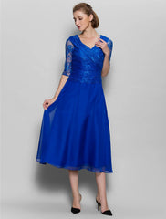 DingjiA-Line Mother of the Bride Dress Plus Size Elegant V Neck Tea Length Chiffon Lace Half Sleeve No with Lace Criss Cross Ruched