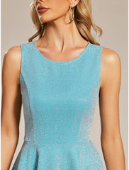 A-Line Homecoming Dresses Glittering Dress Party Wear Prom Tea Length Sleeveless Jewel Neck Satin with Glitter