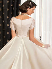 Wholesale Engagement Formal Fall Wedding Dresses Ball Gown V Neck Short Sleeve Court Train Satin Bridal Gowns With Ruched Solid Color