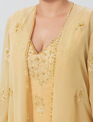 A-Line Mother of the Bride Dress Formal Plus Size Elegant High Low V Neck Asymmetrical Chiffon Beaded Lace Long Sleeve Wrap Included with Beading Appliques