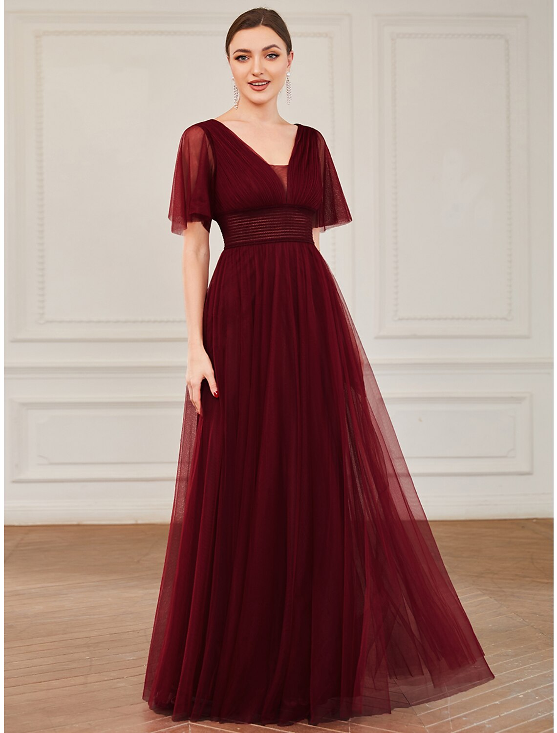 A-Line Bridesmaid Dress V Neck Short Sleeve Plus Size Floor Length Tulle with Ruffles / Draping / Tier 2024 / Butterfly Sleeve