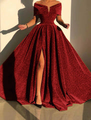 A-Line Evening Gown Sparkle & Shine Dress Formal Fall Court Train Sleeveless Off Shoulder Sequined with Sequin Slit