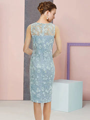 Two Piece Sheath / Column Mother of the Bride Dress Formal Wedding Guest Vintage Elegant Scoop Neck Knee Length Chiffon Lace Sleeveless Jacket Dresses with Appliques