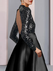 A-Line Mother of the Bride Dress Wedding Guest Elegant Sparkle & Shine High Neck Tea Length Satin Sequined Long Sleeve with Bow(s)