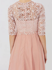 Ball Gown Mother of the Bride Dress Formal Classic & Timeless Elegant & Luxurious Convertible Dress Illusion Neck Knee Length Chiffon Floral Lace 3/4 Length Sleeve with Crystal