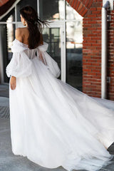 A Line Sweetheart Sticker Hall Casual Wedding Dress with Sleeves Country Style Bridal Dress Off Shoulder With Slit