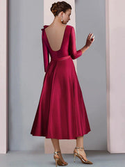 A-Line Mother of the Bride Dress Wedding Guest Elegant V Neck Tea Length Satin 3/4 Length Sleeve with Pleats Flower