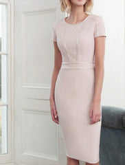 Sheath / Column Mother of the Bride Dress Wrap Included Jewel Neck Knee Length Polyester 3/4 Length Sleeve with Beading