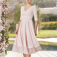 A-Line Mother of the Bride Dress Elegant V Neck Tea Length Stretch Chiffon Half Sleeve with Beading Solid Color