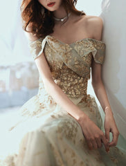 A-Line Evening Gown Elegant Dress Wedding Guest Engagement Floor Length Short Sleeve Off Shoulder Tulle with Sequin