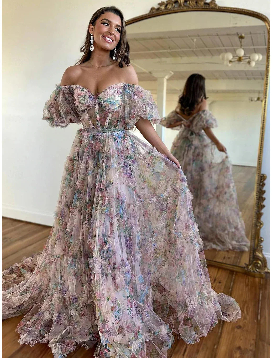 Aimishang A-Line Prom Dresses Floral Dress Wedding Guest Quinceanera Floor Length Short Sleeve Sweetheart Tulle with Ruffles