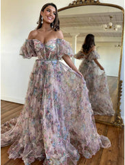 Aimishang A-Line Prom Dresses Floral Dress Wedding Guest Quinceanera Floor Length Short Sleeve Sweetheart Tulle with Ruffles