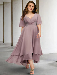 Aimishang A-Line Mother of the Bride Dresses Plus Size Hide Belly Curve Elegant Dress Formal Asymmetrical Short Sleeve V Neck Chiffon with Ruffles Appliques