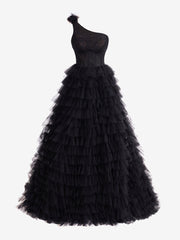 Kinsley | Black A Line One Shoulder Tiered Long Prom Dress