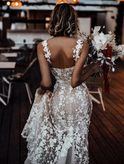 Beach Sexy Boho Wedding Dresses Court Train Mermaid / Trumpet Regular Straps Sweetheart Lace With Appliques
