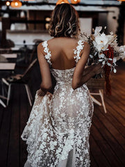 Beach Sexy Boho Wedding Dresses Court Train Mermaid / Trumpet Sleeveless V Neck Lace