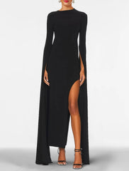 Sheath / Column Evening Gown Elegant Dress Formal Wedding Guest Floor Length Long Sleeve Jewel Neck Capes Stretch Chiffon with Shawl